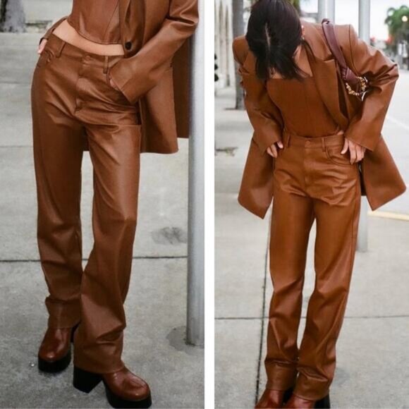 NWT ZARA Faux Leather Straight Leg Full Length Pants Size XS Caramel - Picture 1 of 8